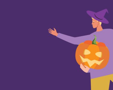 Cadılar bayramı balkabaklı adam, uzay şablonunu kopyala. Düz vektör stok çizimi. Cadılar Bayramı kabak suratlı. Kaplama veya dizayn için arkaplan. Cadılar Bayramı şapkası. Metin için yeri olan illüstrasyon