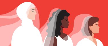 Düğünde farklı bir gelin vardı. Düz vektör stok çizimi. Gelinlik giymiş farklı kültürlerden güzel kadınlar. İslami, Afro, Avrupalı, Amerikalı gelin. Vektör grafikleri