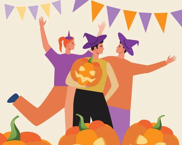 Fiesta Halloween Grupo Personas Con Una Calabaza Ilustración Vector Plano — Archivo Imágenes Vectoriales