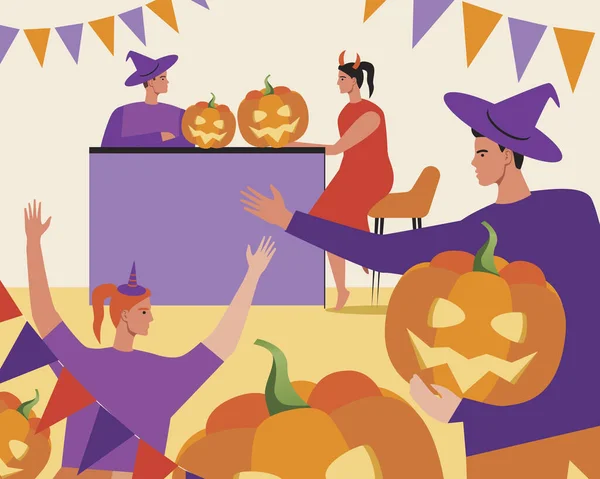 Хэллоуин Дома Люди Веселятся Плоский Векторный Инвентарь Вечеринка Ночью Тыквенное — стоковый вектор