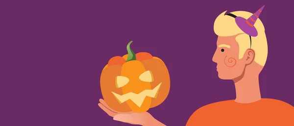 Személy Halloween Tök Másolja Tér Sablont Lapos Vektor Állomány Illusztráció — Stock Vector