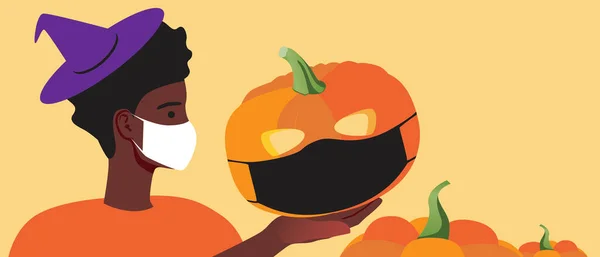 Halloween Buli Zárlatkor Űrsablon Másolása Lapos Vektor Állomány Illusztráció Afro — Stock Vector
