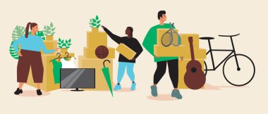 Garaj satışındaki insanlar. Düz vektör stok çizimi. Bit pazarındaki satıcı. Kullanılmış mallarla dolu kutular. Bisiklet satışları, gitar, top. Alıcılar komşudur. İzole illüstrasyon