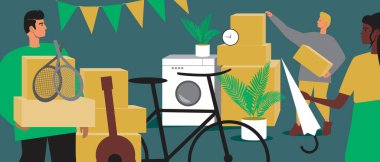 Çevre dostu insanlar, garaj satışı. Düz vektör stok çizimi. Mallarla dolu bit pazarı. Çevre dostu alışveriş. Etik tüketim kavramı. Vektör grafikleri