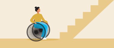 Tekerlekli sandalye engelli hareketliliği, merdivenlerde rampa. Düz vektör stok çizimi. Kapsamlı bir kişinin hareket edebilmesi için. Basamaklar, tırmanma. Özel bir alan. Vektör grafikleri