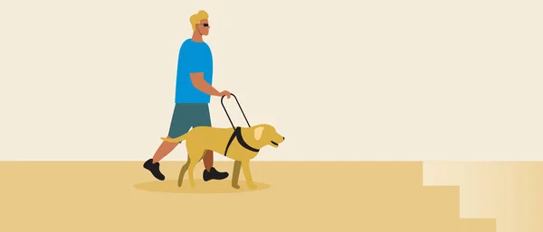 一个失明的残疾人带着导盲犬 在楼梯上活动 平面矢量库存说明 对于一个包容的人来说 和狗一起下楼梯 矢量图形 — 图库矢量图片