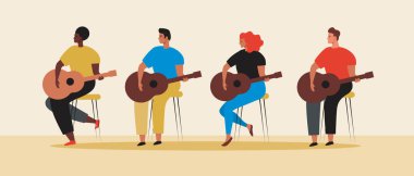 Gitar çalan gitarlı insanlar. Düz vektör stok çizimi. Gitar enstrümanı. Erkek ve kadın gitaristler. Bir grup müzisyen. Vektör grafikleri