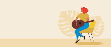 Gitarlı kadın, uzay şablonunu kopyala. Düz vektör stok çizimi. Gitar çalıyordu. Tasarım için müzik aleti. Genç kadın gitarist. Metin için yeri olan illüstrasyon