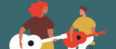 Gitar çalan bir çift, birlikte hobi yapıyor. Düz vektör stok çizimi. Gitarist erkek ve kadın. Çiftin romantik eğlencesi. Aile gitarı çalıyor. Vektör grafikleri