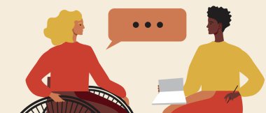 A disabled person in a wheelchair in consultation with a psychologist. Flat vector stock illustration. Consultation with a psychotherapist. Psychological assistance to inclusive person clipart