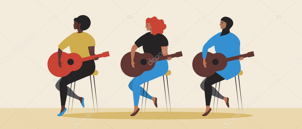 Various women with a guitar. Flat vector stock illustration. Hobby of Islamic, Afro person. Women guitarists. A group of musicians. Isolated illustration