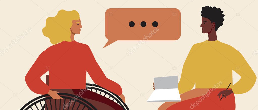 A disabled person in a wheelchair in consultation with a psychologist. Flat vector stock illustration. Consultation with a psychotherapist. Psychological assistance to inclusive person