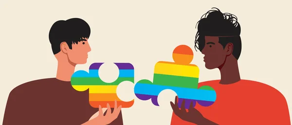 Pareja Lgbtq Juego Rompecabezas Ilustración Vector Plano Pareja Afro Gay — Archivo Imágenes Vectoriales