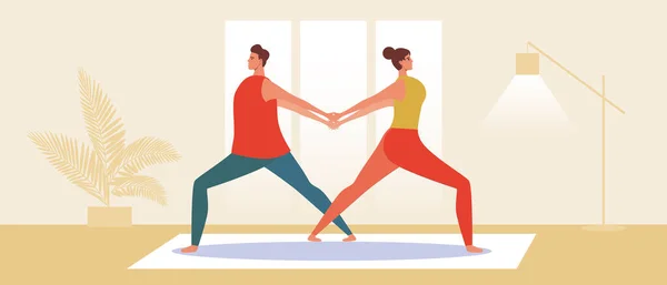 Couple at home, yoga asanas. Flat vector stock illustration. Window in the room. Activity at home. A man and a woman are doing yoga asanas. Sports and recreation together. Vector graphics