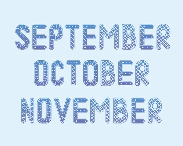 Autumn Months Set Text September October November Isolated Vector Stock — Stockvector