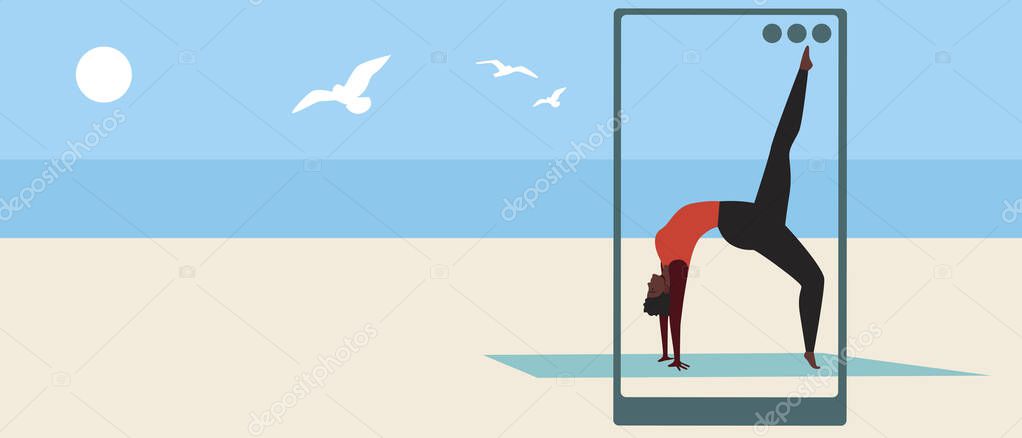 Yoga blogger works, copy space template. Flat vector stock illustration. Woman with yoga asana online. Blogger profession. Yoga training at sea via the Internet. Illustration with place for text
