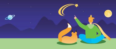 Tilkili küçük prens, uzay şablonunu kopyala. Düz vektör stok çizimi. Kuyruklu yıldızla gece gökyüzü. Küçük Prens. Felsefi bir hikaye. Metin için yeri olan illüstrasyon