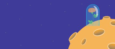 Kitap karakteri küçük prens Rose, uzay şablonunu kopyala. Düz vektör stok çizimi. Çiçek ve gece gökyüzü. Gezegende dikenli gül. Metin için yeri olan arkaplan veya Resimler