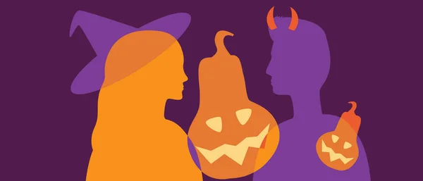 Silhouette Egy Pár Hallown Sziluett Állomány Illusztráció Halloweeni Tökfej Egy — Stock Vector