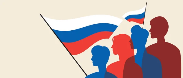 Rusların siluetleri, uzay şablonunu kopyalayın. Renkli vektör stok çizimi. Rusya bayrağı taşıyan insanlar. Vatandaşlar vatanseverdir. Şablon örtülsün. Metin için yeri olan illüstrasyon
