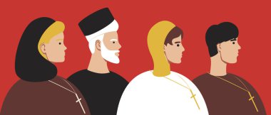 Ortodoks insanlar, din ortodoksu. Düz vektör stok çizimi. Dini giyinmiş insanlar. Hristiyanlığın ulusal itirafı. Dini öğretim. Erkekler ve kadınlar Ortodoks Hıristiyanlardır.
