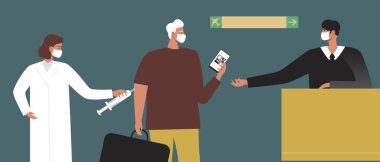 Havaalanında kapak aşısı, sağlık pasaportu olarak QR kodu. Düz vektör stok çizimi. Yolcu pasaportu. Doktor ve gezginlerin sağlığı. Vektör grafikleri