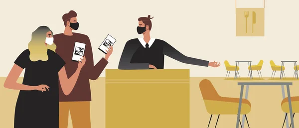 QR kodlu bir çift restoranda rezervasyon yaptırıyor. Düz vektör stok çizimi. Aşılananlar için yiyecek. Yüz maskeli insanlar. QR sağlık pasaportu. Bir restoranda aşılanmış insanlar. Vektör illüstrasyonu