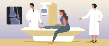Röntgen, kemik taraması. Düz vektör stok çizimi. Röntgen makinesi. Kemik kırığı. Klinikteki doktor ve hemşire. Hasta tedavisi. Bacak yaralanması. Tıbbi illüstrasyon
