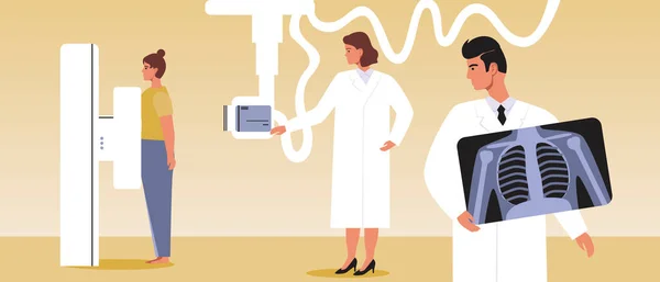 Röntgen incelemesi, hastalı doktorlar, düz vektör stok çizimi. Röntgen makinesi. Röntgen, sağlık hizmeti olarak. Klinikte bir oda. Ciğerlerin incelenmesi. Tıbbi illüstrasyon