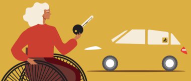 Engelli sürücü, tekerlekli sandalye. Düz vektör stok çizimi. Seçkin bir sürücü. - Arabanın sahibi. Tekerlekli sandalyedeki engelli kişi ve araba anahtarı. İzole illüstrasyon