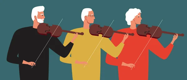 バイオリン教室 高齢者 フラットベクトルストックイラスト 趣味でバイオリンを弾く 老人の余暇 トリオオーケストラ 創造性として音楽 ベクターイラスト — ストックベクタ
