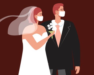 Yüzü maskeli bir çift yeni evli, düğün kilit altında. Düz vektör stok çizimi. Erkek ve kadın, düğün töreni. Tıbbi maske. Düğünde Covid vardı. Vektör grafikleri