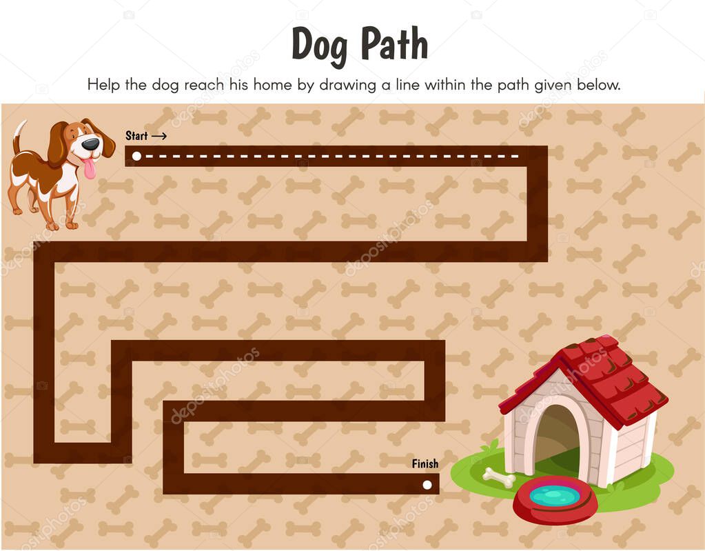 Maze game, find the way. Vector illustrations for children's books. Cartoon Illustration of maze puzzle game showing dog and dog house, line tracing skills for kindergarten, preschool activity.