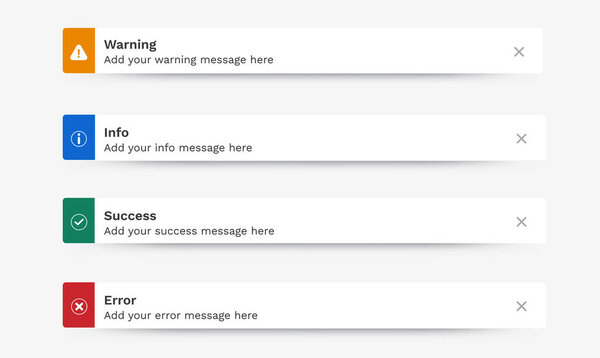 Сообщения уведомлений, Успех, Предупреждение, Ошибка, Информация. Тост, push-уведомления, всплывающие уведомления, passive-up, снек-бар, десктопные уведомления для веб-дизайна, мобильные. Векторные пользовательские слои.