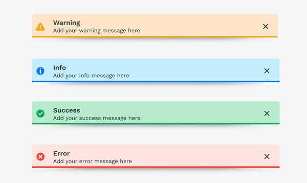Успех, предупреждение, ошибка, сообщение push-уведомлений, всплывающее уведомление, пассив-ап, закусочная. Векторные элементы пользовательского интерфейса для веб-дизайна, мобильных приложений.