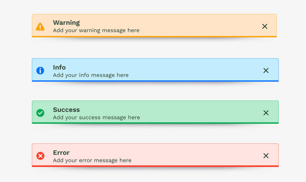 Сообщения уведомлений, Успех, Предупреждение, Ошибка, Информация. Тост, push-уведомления, всплывающие уведомления, passive-up, снек-бар, десктопные уведомления для веб-дизайна, мобильные. Векторные пользовательские слои.