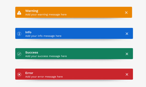Успех, предупреждение, ошибка, сообщение push-уведомлений, всплывающее уведомление, пассив-ап, закусочная. Векторные элементы пользовательского интерфейса для веб-дизайна, мобильных приложений.