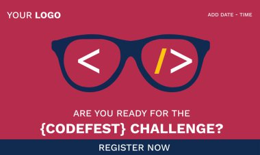 CodeFest, Annual coding festival. Codefest banner for social media. Hackathon, marathon, problem-solving event. Glasses, spectacles, optical frames showing coding challenges Vector illustration banner clipart svg vector 