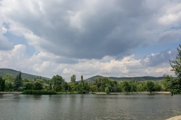 Bela Natureza Pacífica Árvores Plantas Lago Temporada Verão Reflexão Água — Fotografia de Stock