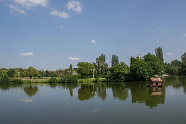 Hermosa Naturaleza Pacífica Árboles Plantas Lago Casa Aves Flotantes Temporada — Foto de Stock