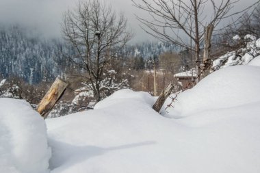 Kış manzarasında karla kaplanmış çit detayları- buzlu dikenli tel ve kırsal alanda karla kaplı çayırdaki ahşap 