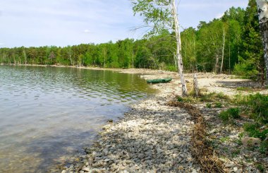 Yazın arka planda ormanla çevrili göl kıyısındaki sakin kayalık plajlar. Kozalaklı orman.