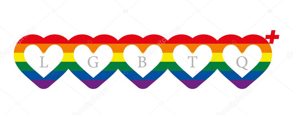 Hearts lined up next to each other representing the colors of Lgbtq. Lgbtq color design, vector illustration. Gay, lesbian, bisexual, homosexual, transgender people concepts.