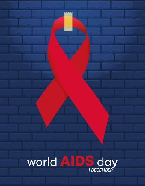 世界艾滋病日的柱子在蓝色的砖墙前 爱滋病日的信息挂在红丝带上 海报设计 蓝色砖墙背景 — 图库矢量图片