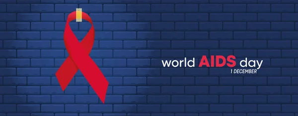 世界艾滋病日的柱子在蓝色的砖墙前 爱滋病日的信息挂在红丝带上 横幅设计 蓝色砖墙背景 — 图库矢量图片