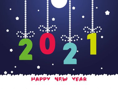 Mutlu yıllar 2021. Kar taneleri ve ay. Mektup 2021 hediye iplikleriyle asılı.