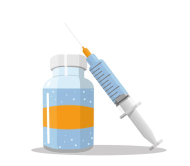 Aşı konsepti. İlaçlı ampul ve şırınga modern ikon. Sağlık, hastane ve tıbbi teşhisler. Modern stilde vektör illüstrasyonu.