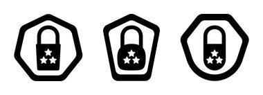 Güvenlik içinde siyah ve beyaz vektör ikonu seti. İzole edilmiş beyaz arkaplanda asma kilit vektör çizimi