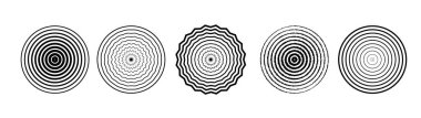 Ses dalgası için vektör çizimi. Siyah ve beyaz renkli yüzük. Döndürme hedefi. Radyo istasyonu sinyali. Merkezi minimal radyal dalgalanma çizgisi özet çizgisi.