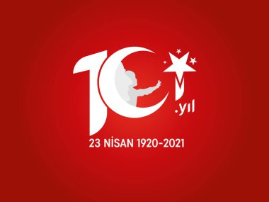 101. yıl logosu. 101. Çocuk Günü çocuğu ve Atatürk. 23 Nisan Kırmızı Türk Bayrağı Vektör İllüstrasyonu. Türk bayraklı 101. yıl dönümü logosu. Kırmızı arkaplan.